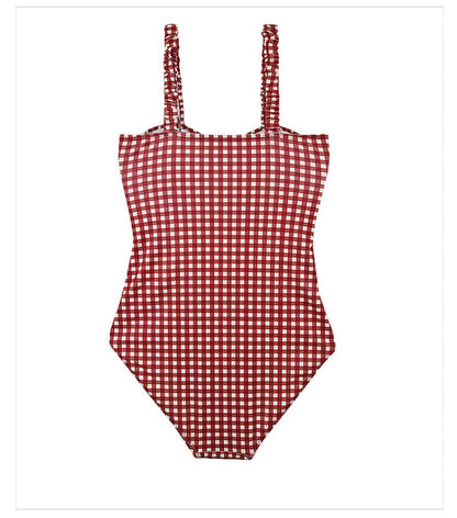 Sexy Red Plaid Push Up One Piece Swimsuit Aesthetic Casual E-Girl Kawaii Korean Japanese Harajuku