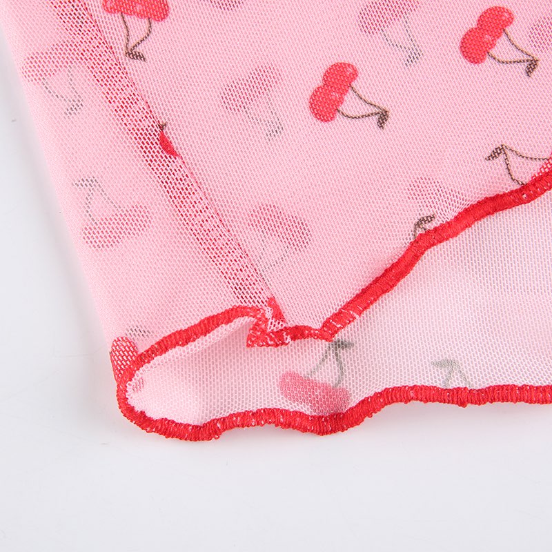 Cute Sweet 90S Pink Cherry Print V Neck Crop Top Sleeveless Shirt Camisole Party Club Summer Casual E-Girl Kawaii Korean Japanese Harajuku Streetwear