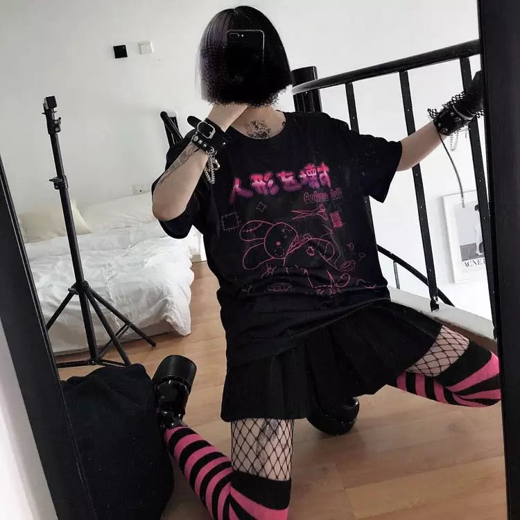 Cute Black Rabbit Bunny Print Oversized Loose Short Sleeve Shirt Tee T-shirt Summer Casual Goth Punk E-Girl Kawaii Korean Japanese Harajuku Streetwear