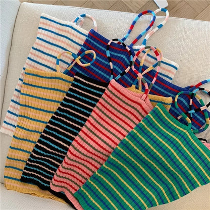 Cute Stripe Knit Cropped Tank Top Spaghetti Strap Camisole Sleeveless Shirt T-shirt Top E-Girl Kawaii Korean Japanese Harajuku Streetwear