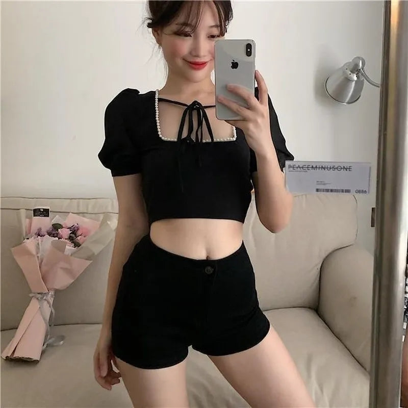 Black Pearl Lace Up Backless Puff Sleeve Blouse