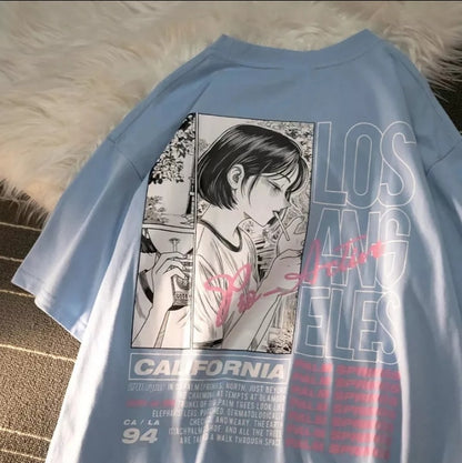 Cute Anime Girl Juice Box Cartoon Print Loose Oversize Short Sleeve T-shirt Punk Goth Aesthetic Casual Summer E-Girl Kawaii Korean Japanese Harajuku