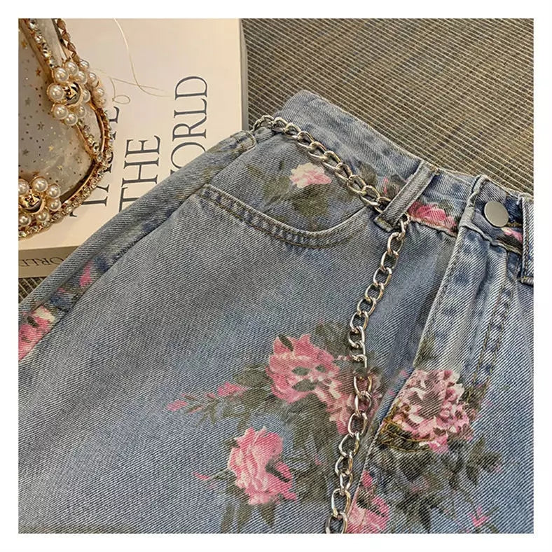 Cute Vintage Flowers Print Maxi Denim Skirt High Waist Open Split Straight Summer Aesthetic Casual E-Girl Kawaii Korean Japanese Harajuku