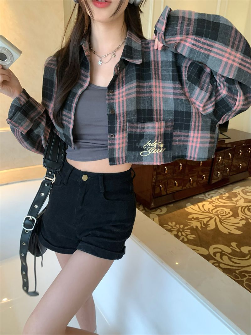 Pink & Black Plaid Cropped Long Sleeve Shirt