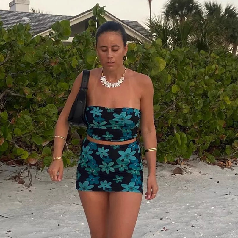 Floral 2 Piece Set Tube Top + Mini Skirt