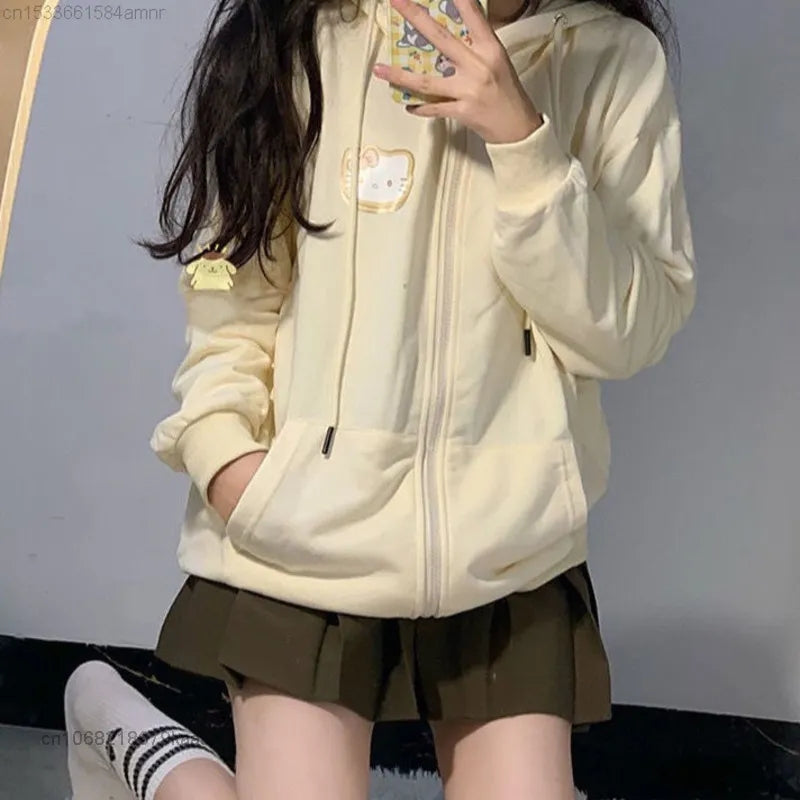 Yellow Cat Cartoon Print Zip Up Hoodie