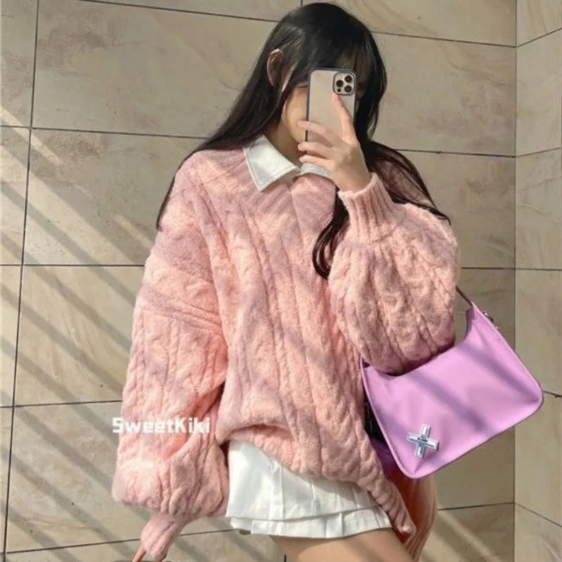 Pink Preppy Cable Knit V Neck Sweater