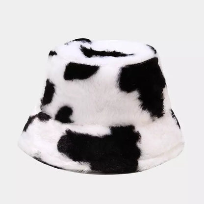 Cow Print Plush Bucket Hat Warm Soft Velvet Fishermen Cap Animal Print Winter Women E-Girl Kawaii Korean Japanese Harajuku Streetwear
