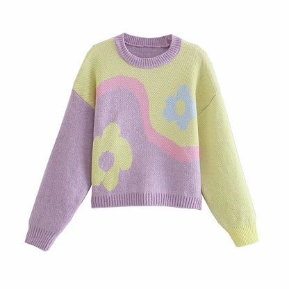 Purple & Yellow Flower Print Patchwork Sweater