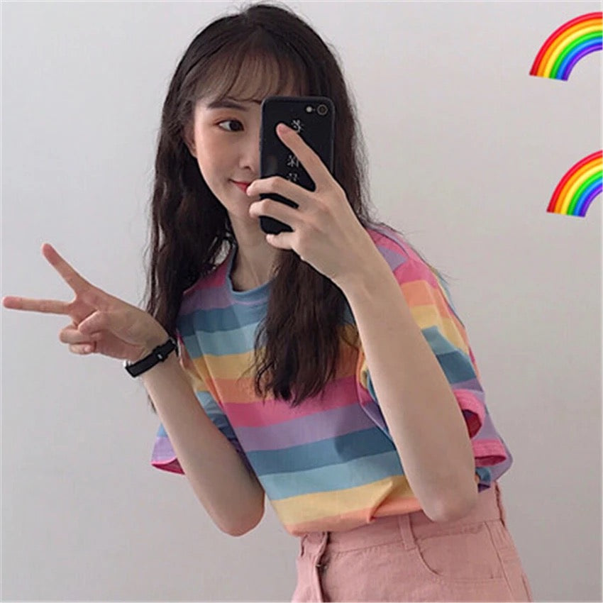 Cute Causal Pastel Rainbow Colorful Stripe Loose Round Neck Short Sleeve Tee Shirt T-shirt Top E-Girl Kawaii Korean Japanese Harajuku Retro Streetwear