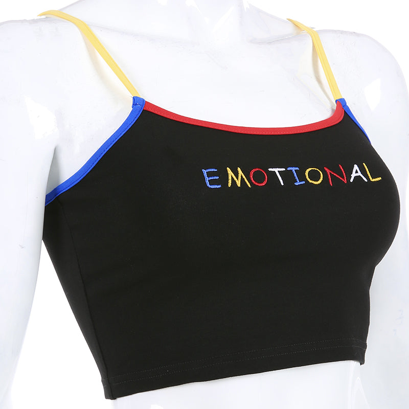 Cute Black Emotional Embroidery Crop Top Camisole Spaghetti Tank Shirt Tee T-shirt E-Girl Kawaii Korean Japanese Harajuku Retro Streetwear Aesthetic