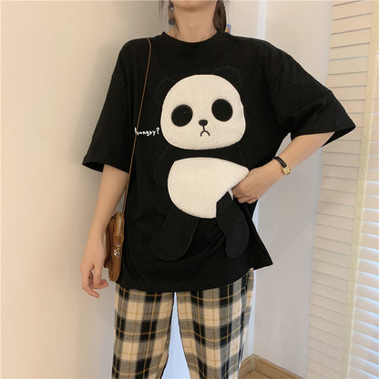 Cute Panda Bear Fleece Hungry Casual Summer Oversized Short Sleeve Tee Shirt T-shirt Top E-Girl Kawaii Korean Japanese Harajuku Streetwear