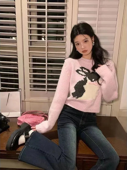 Pink Rabbit Bow Cropped Sweater
