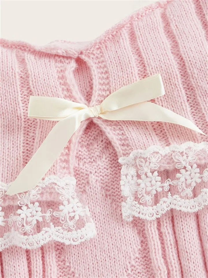 Pink Off Shoulder Bow Lace Sweater