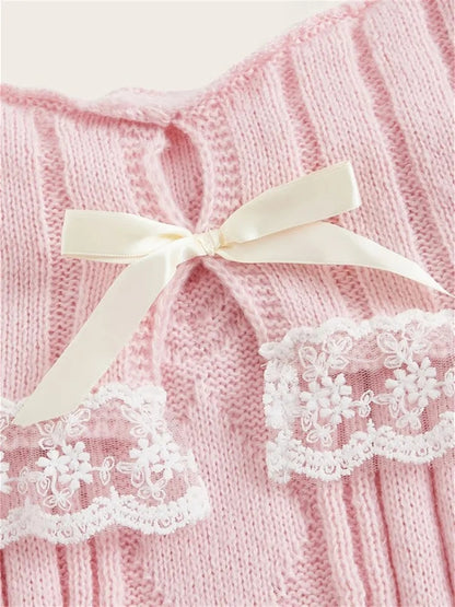 Pink Off Shoulder Bow Lace Sweater