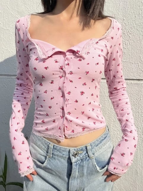 Pink Flower Lace Long Sleeve Shirt