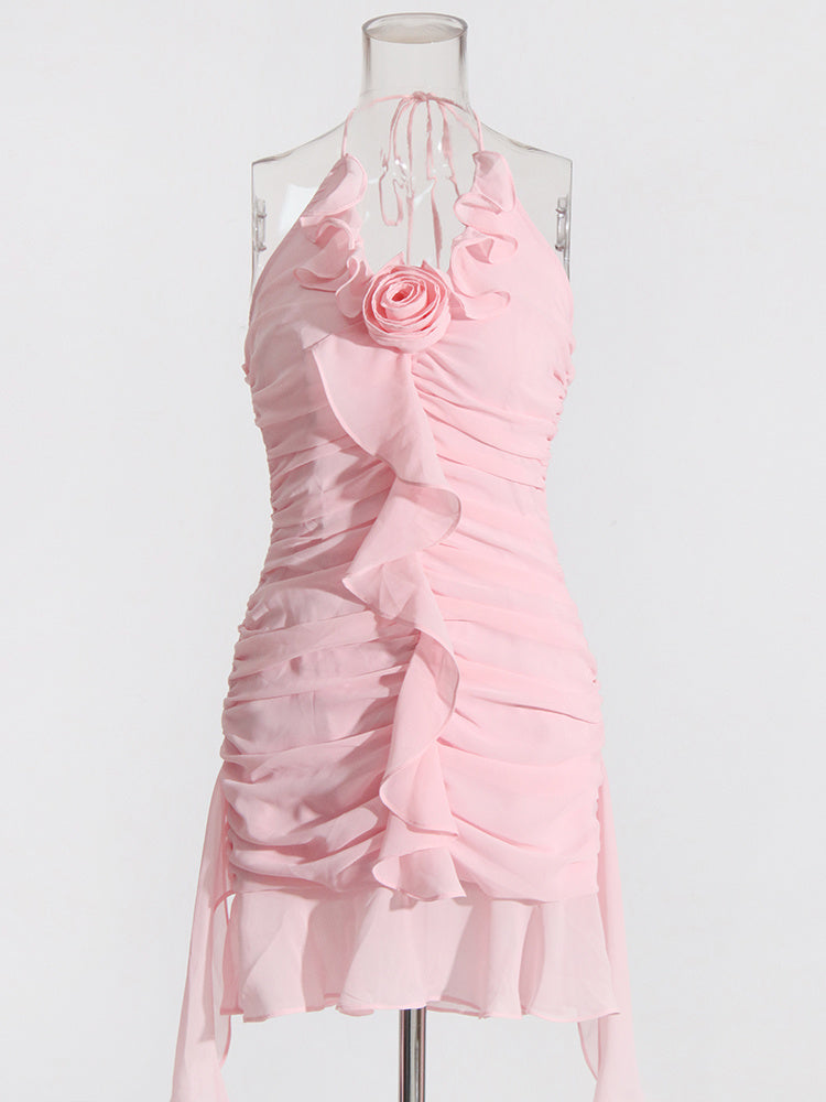 Pink Flower Halter Fold Mini Dress