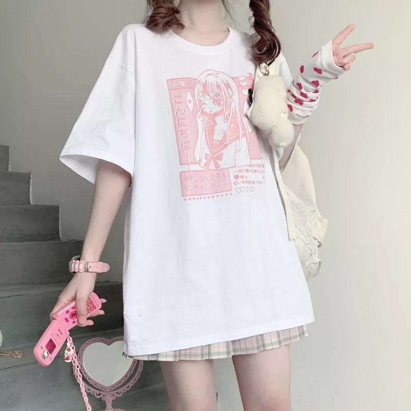 Pastel Pink Anime Girl Print Short Sleeve T-shirt