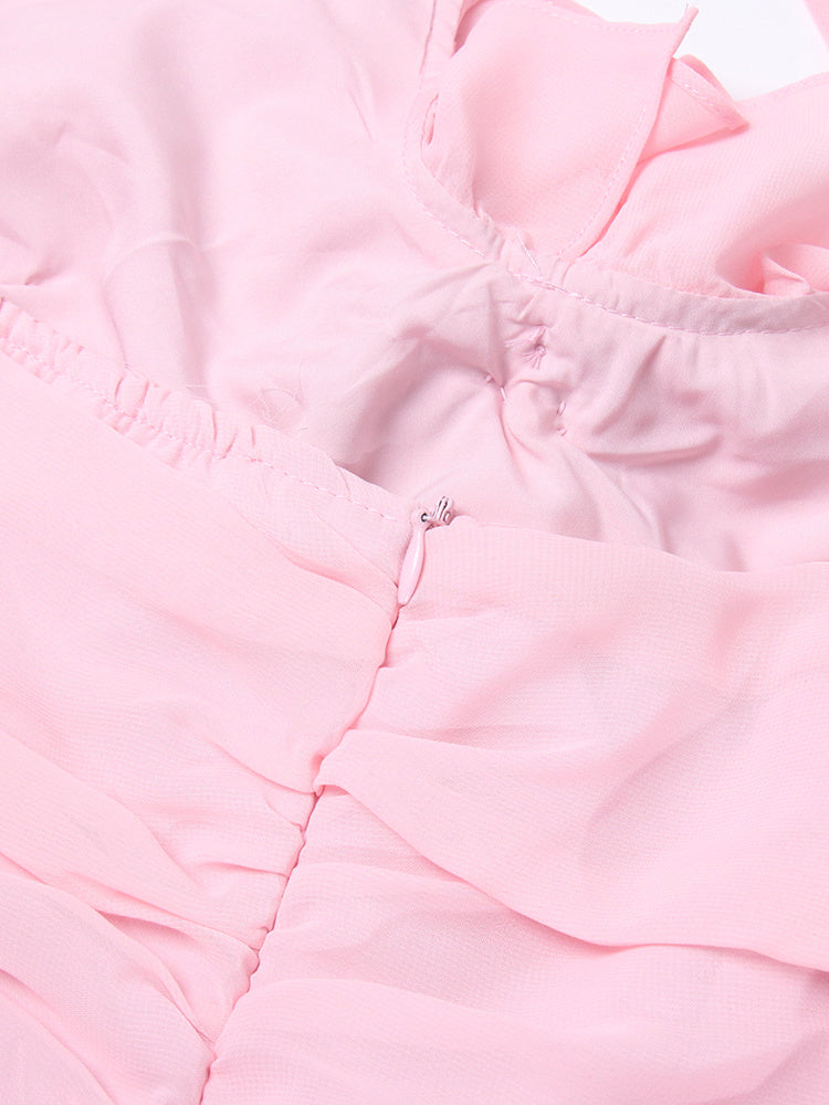 Pink Flower Halter Fold Mini Dress