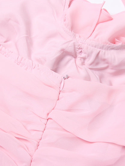 Pink Flower Halter Fold Mini Dress