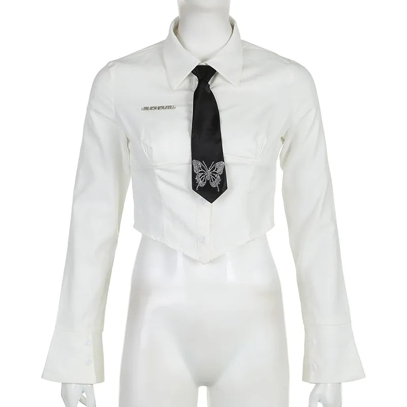White Butterfly Rhinestone Tie + Long Sleeve Shirt Set