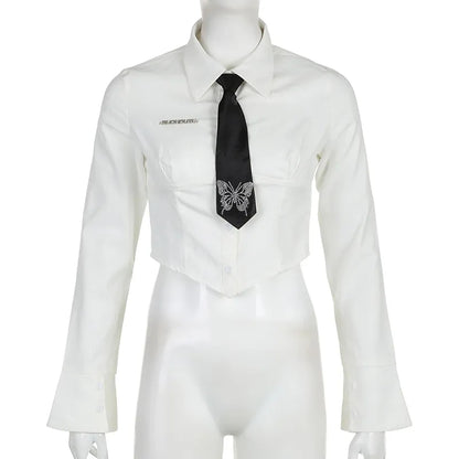 White Butterfly Rhinestone Tie + Long Sleeve Shirt Set