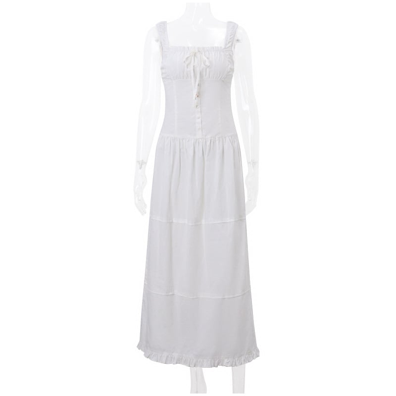 White Pleated Lace Up Square Collar Ruffle Maxi Dress