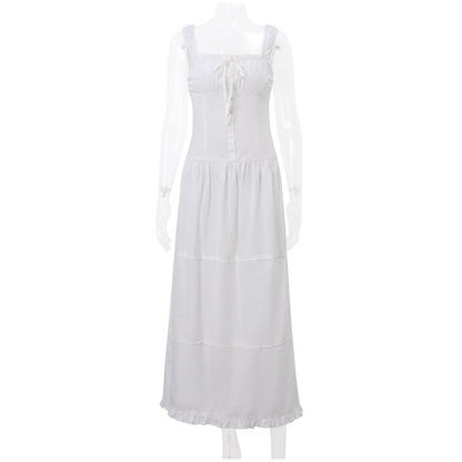 White Pleated Lace Up Square Collar Ruffle Maxi Dress