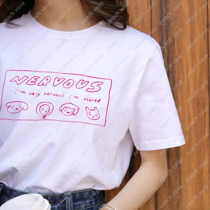 White Nervous Animal Graphic Cartoon Print Loose Oversized Short Sleeve T-shirt Top Summer Causal E-Girl Kawaii Korean Japanese Harajuku Streetwear
