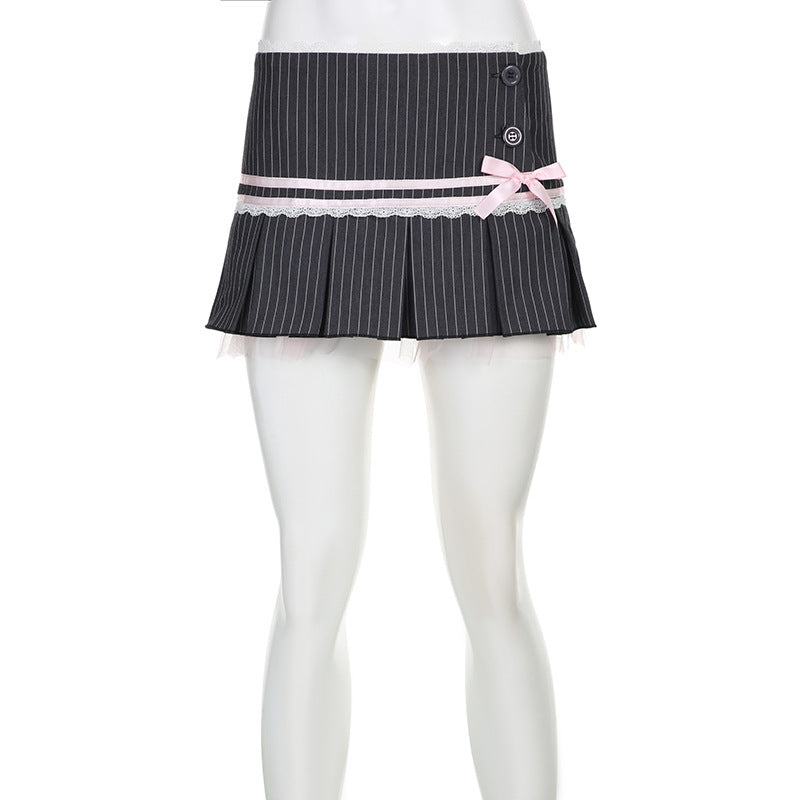Pink Bow Stripe Fold Lace Up High Waist Skirt