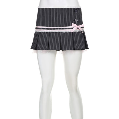 Pink Bow Stripe Fold Lace Up High Waist Skirt