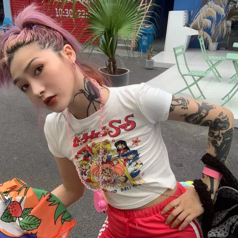 Japanese Anime Cartoon White Crop Top Short Sleeve T-shirt