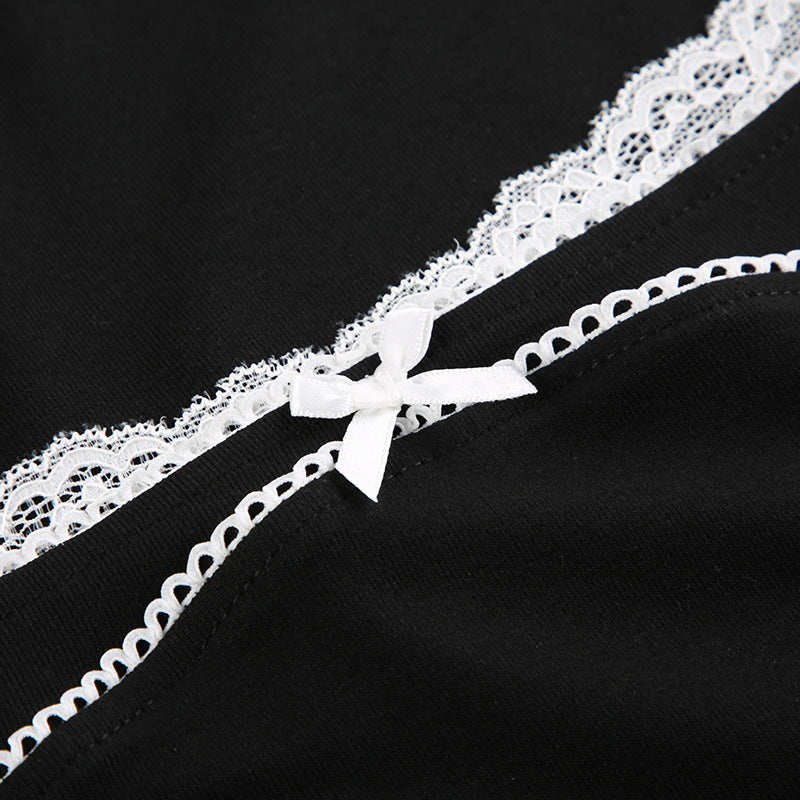 Black Bow Square Collar Long Sleeve Shirt