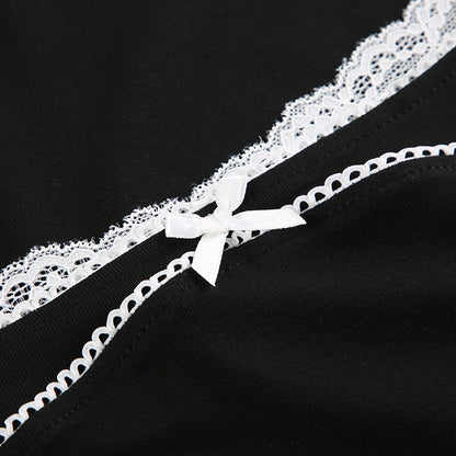 Black Bow Square Collar Long Sleeve Shirt