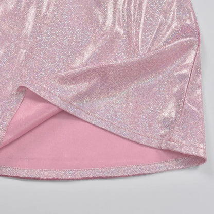 Cute 2pc Set Pink Glitter Fairy Crop Top + Mini Skirt Sexy Club Party Rave Summer Aesthetic Casual E-Girl Kawaii Korean Japanese Harajuku
