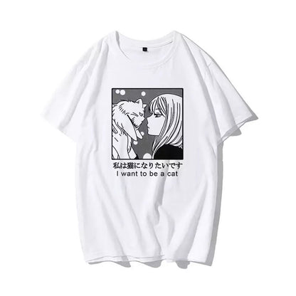 Cute Vintage Sweet Funny Cat Anime Girl Print Loose Short Sleeve Short T-shirt Tee Top Summer Casual E-Girl Kawaii Korean Japanese Harajuku Streetwear