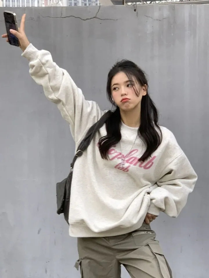 Grey Letter Print Oversized Pullover