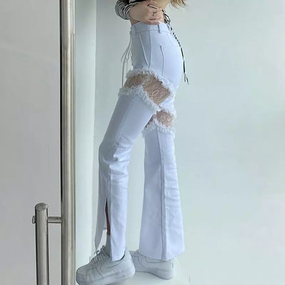 Cute White Lace Hollow Out Side Split High Waist Flare Denim Jeans Pants Trousers Summer Aesthetic Casual E-Girl Kawaii Korean Japanese Harajuku