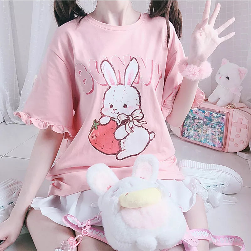 Pink Rabbit Ruffle Loose Short Sleeve T-shirt