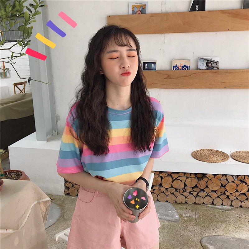 Cute Rainbow Colorful Stripe LGBT Pride Loose Oversized Short Sleeve Shirt Tee T-shirt E-Girl Kawaii Korean Japanese Harajuku Chinese Retro Streetwear
