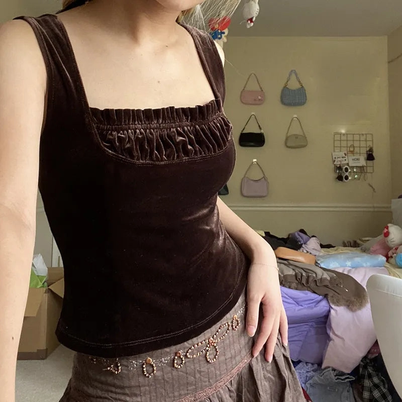 Brown Velvet Patchwork Tank Top