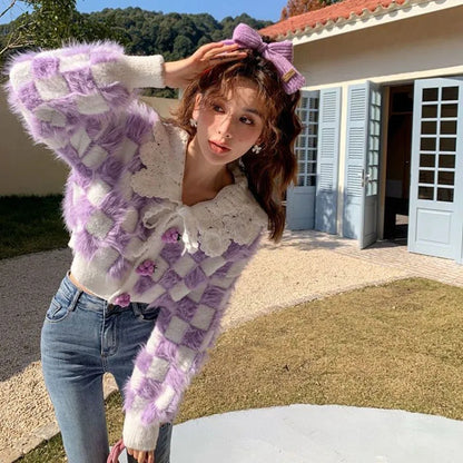 Fluffy Purple & White Plaid Cardigan