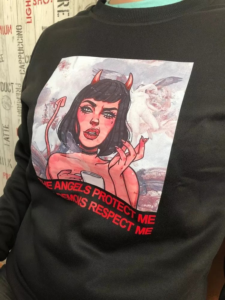 Cute Angel Demon Girl Print Sweater Pullover Hoodie Long Sleeve Top Shirt Sweatshirt E-Girl Kawaii Korean Japanese Harajuku Retro Streetwear Aesthetic