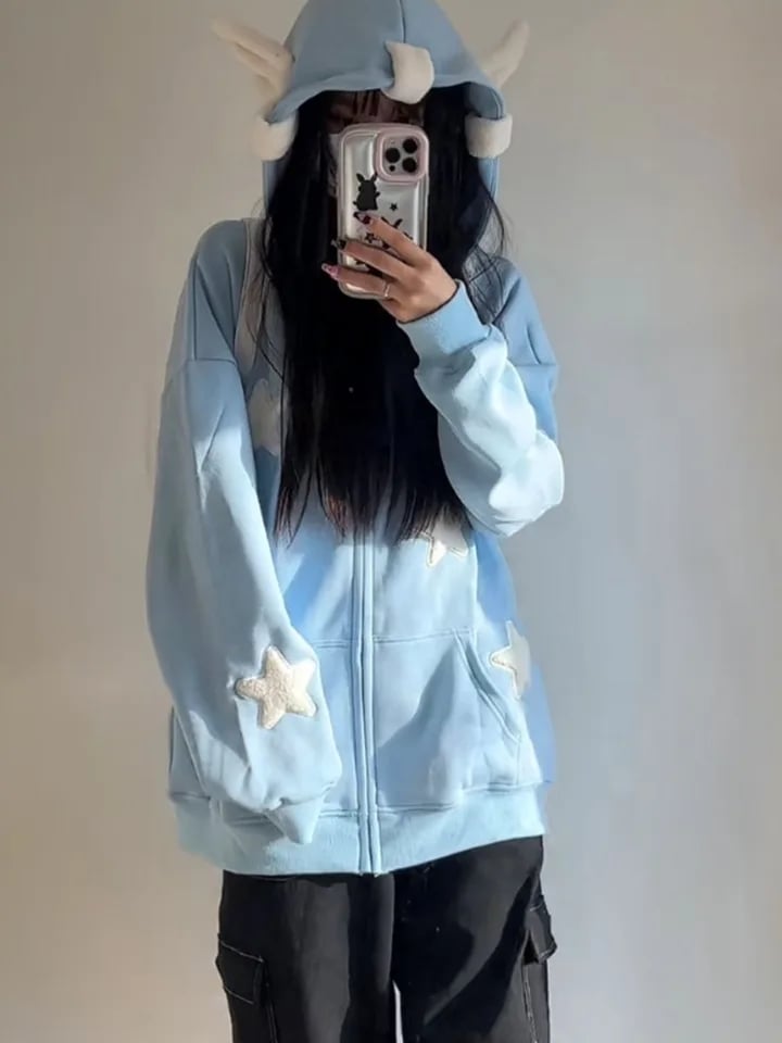 Blue Fairy Wing Horns Zipper Hoodie