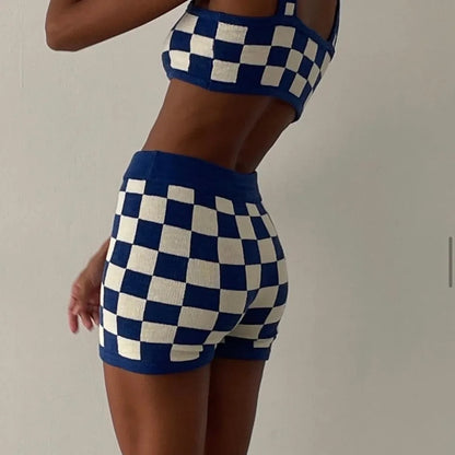 2PCS Green Checkered Knit Crop Top + Shorts
