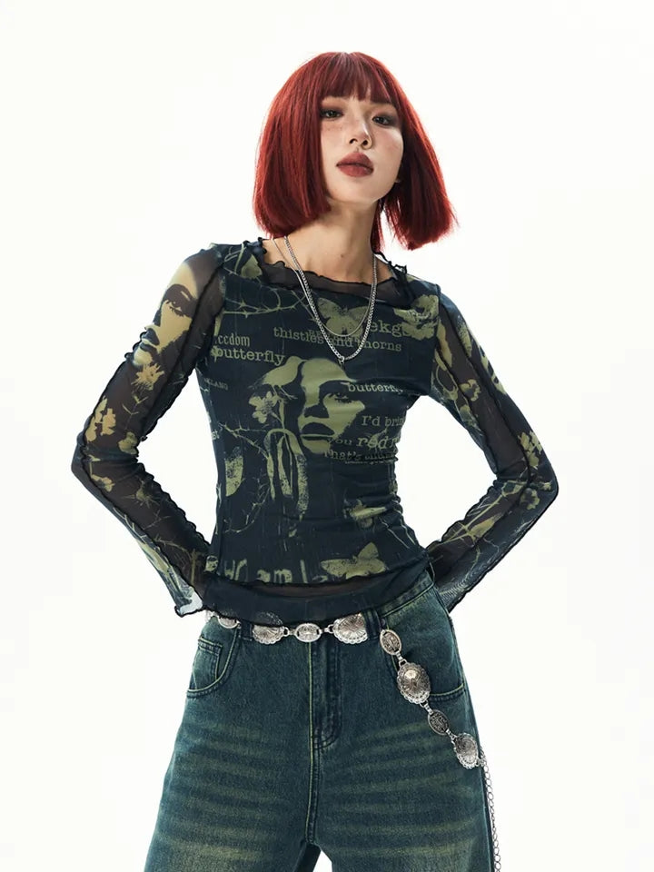 Butterfly Print Mesh Long Sleeve Shirt