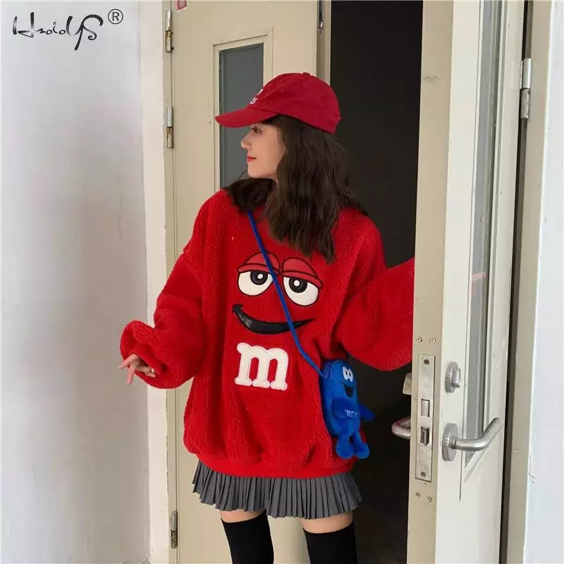 Cute Chocolate M Funny Cartoon Plush Oversize Long Sleeve Shirt Hoodie Pullover Sweatshirt Aesthetic Casual E-Girl Kawaii Korean Japanese Harajuku
