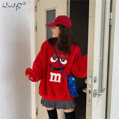 Cute Chocolate M Funny Cartoon Plush Oversize Long Sleeve Shirt Hoodie Pullover Sweatshirt Aesthetic Casual E-Girl Kawaii Korean Japanese Harajuku