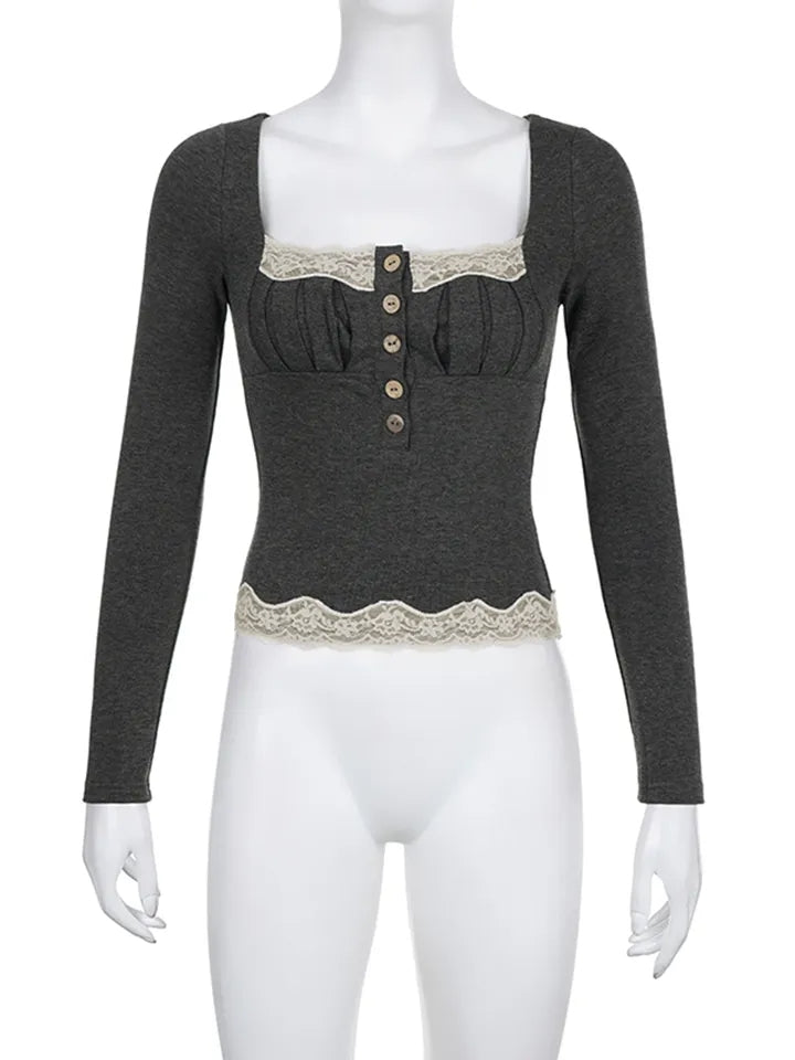 Grey Patchwork Square Neck Collar Long Sleeve Shirt