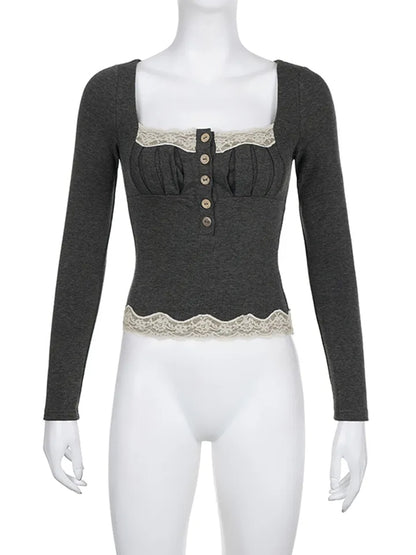 Grey Patchwork Square Neck Collar Long Sleeve Shirt